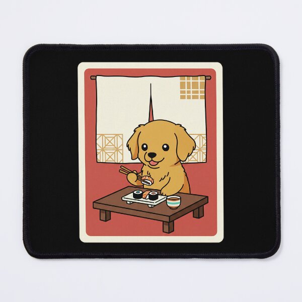 Item preview, Cute Golden Puppy Enjoying Sushi in a Cozy Retro Room designed and sold by JordynLadukeg65.