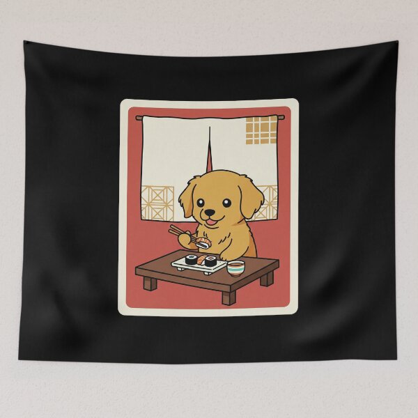 Item preview, Cute Golden Puppy Enjoying Sushi in a Cozy Retro Room designed and sold by JordynLadukeg65.