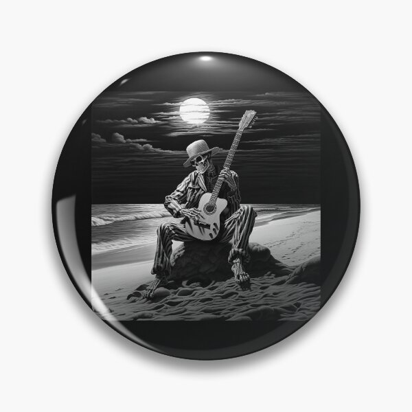 Item preview, Black and White Skeleton Guitarist Moonlit Beach Art designed and sold by inkoutninja.