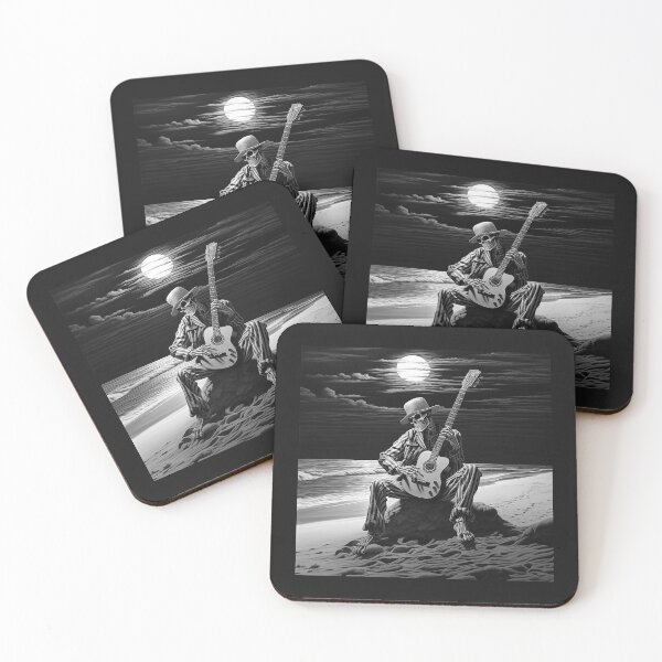 Item preview, Black and White Skeleton Guitarist Moonlit Beach Art designed and sold by inkoutninja.