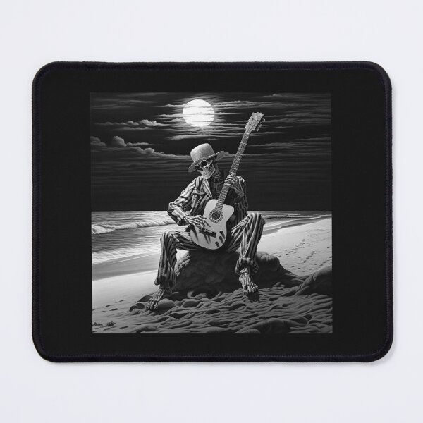 Item preview, Black and White Skeleton Guitarist Moonlit Beach Art designed and sold by inkoutninja.