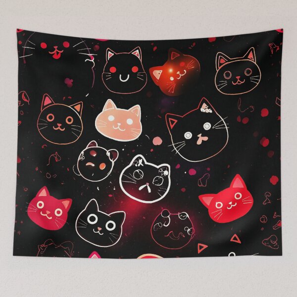 Item preview, Neon Black Cats Pattern – Cute Kawaii Cat Faces on Dark Aesthetic Background designed and sold by IMuDesigner.