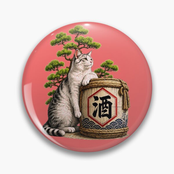 Item preview, Silver Tabby Cat & Sake Barrel Under Pine Bonsai – Japanese Ukiyo-e Art Print | Zen Cat Illustration | TSUKIYO-NEKO designed and sold by Aguri-tei.