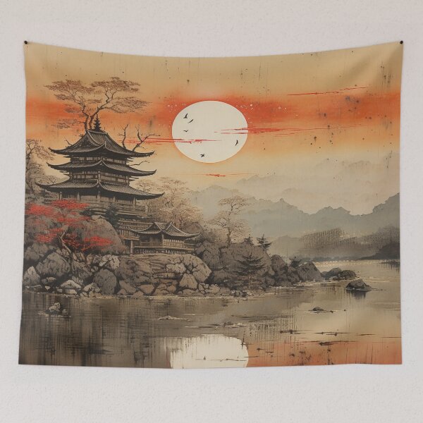 Item preview, Traditional Japanese Illustration - Pagoda on a Riverbank designed and sold by DaisukiTokyo.