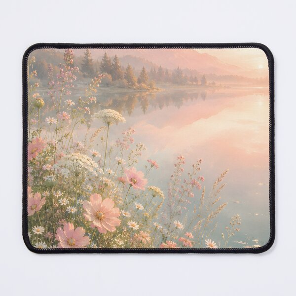 Item preview, Watercolor Serene Lakeside Meadow at Golden Hour Sunset Floral designed and sold by ChubbyGoong.
