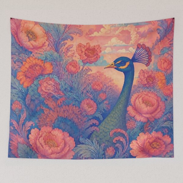 Item preview, Majestic Peacock in a Vibrant Peony Dreamscape designed and sold by love king studios.