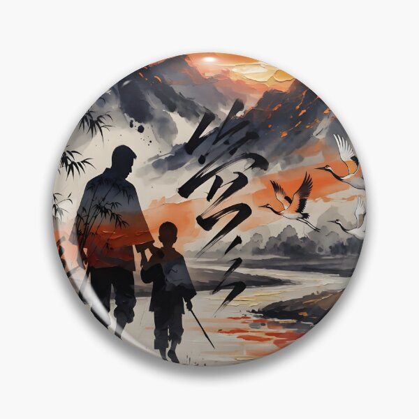 Item preview, Father's Day Father Son Silhouette Samurai Ink Wash Crane Landscape designed and sold by DreamyWallVibes.