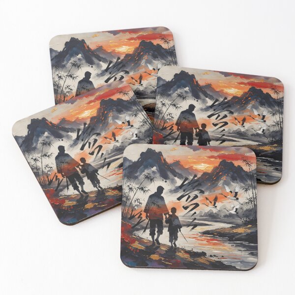 Item preview, Father's Day Father Son Silhouette Samurai Ink Wash Crane Landscape designed and sold by DreamyWallVibes.