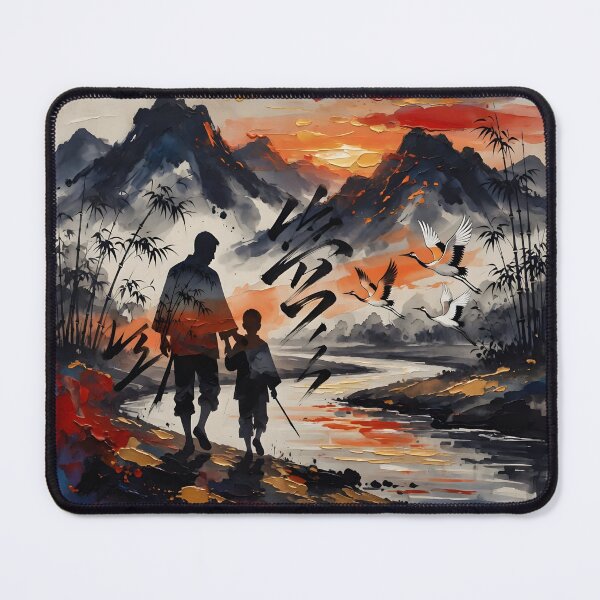 Item preview, Father's Day Father Son Silhouette Samurai Ink Wash Crane Landscape designed and sold by DreamyWallVibes.