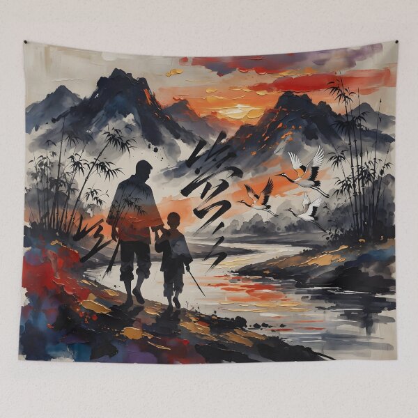 Item preview, Father's Day Father Son Silhouette Samurai Ink Wash Crane Landscape designed and sold by DreamyWallVibes.