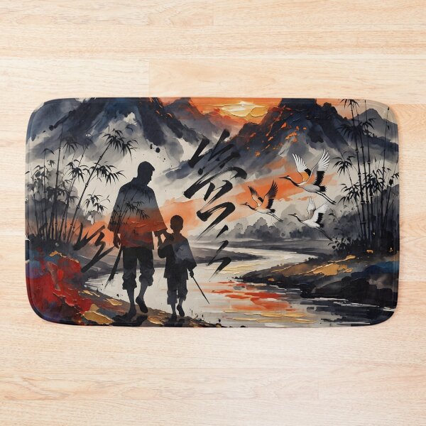 Item preview, Father's Day Father Son Silhouette Samurai Ink Wash Crane Landscape designed and sold by DreamyWallVibes.