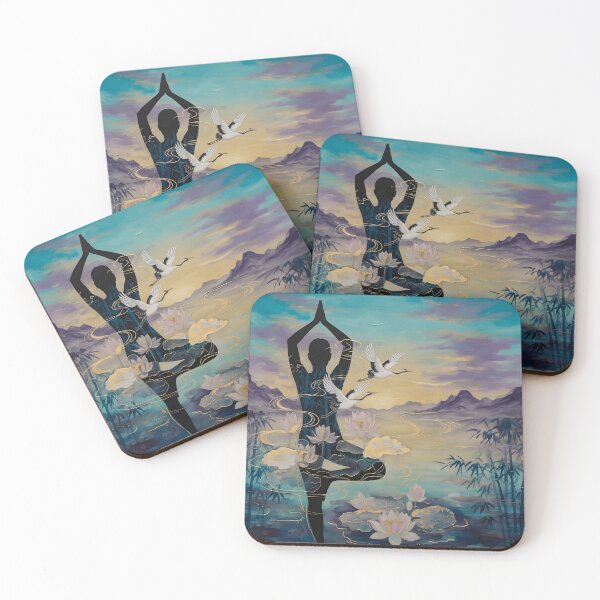 Item preview, World Yoga Day Zen Tree Pose Silhouette Cranes Lotus Bamboo Double Exposure designed and sold by DreamyWallVibes.