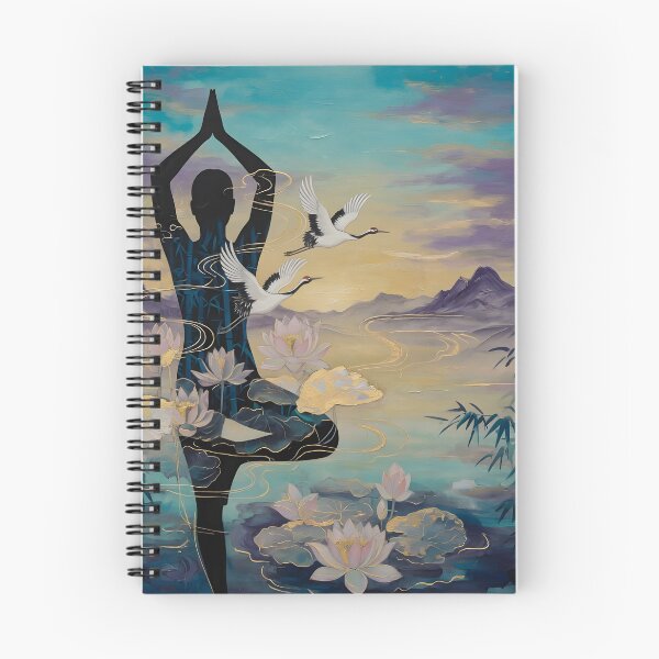 Item preview, World Yoga Day Zen Tree Pose Silhouette Cranes Lotus Bamboo Double Exposure designed and sold by DreamyWallVibes.