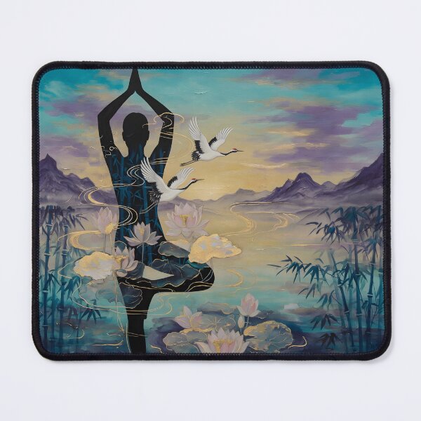 Item preview, World Yoga Day Zen Tree Pose Silhouette Cranes Lotus Bamboo Double Exposure designed and sold by DreamyWallVibes.