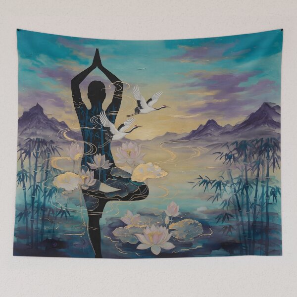 Item preview, World Yoga Day Zen Tree Pose Silhouette Cranes Lotus Bamboo Double Exposure designed and sold by DreamyWallVibes.