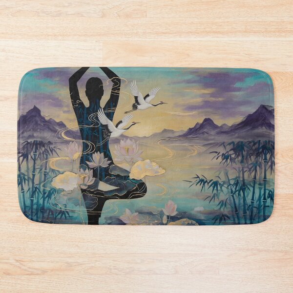 Item preview, World Yoga Day Zen Tree Pose Silhouette Cranes Lotus Bamboo Double Exposure designed and sold by DreamyWallVibes.