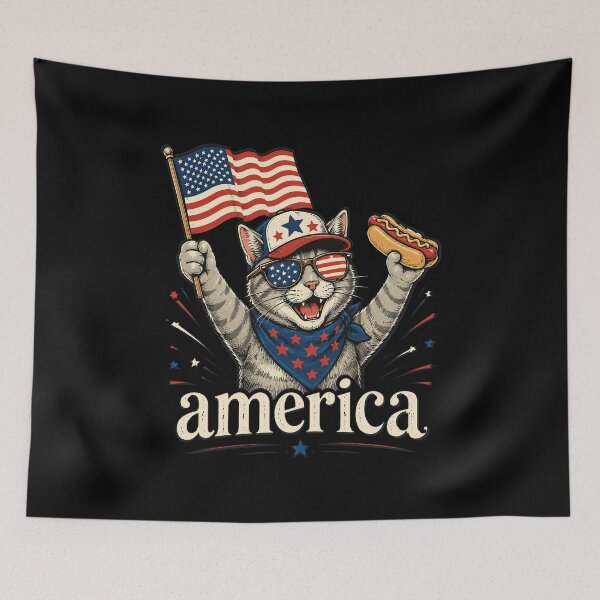 Item preview, Retro Funny America Cat Hot Dog Lovers Patriotic US Flag designed and sold by OlakunleOloroz.