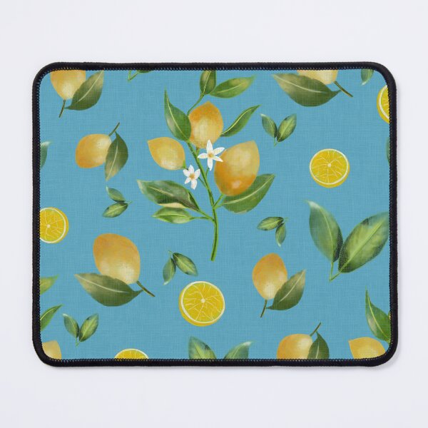Item preview, Yellow lemons blossoms and green leaves - watercolor fruit on bright blue designed and sold by ahahdodo.