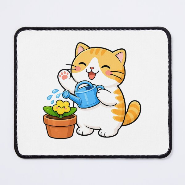 Item preview, Cute Orange Cat Gardening Blue Watering Can Kawaii Ginger Kitty Flower Illustration designed and sold by NoopnyangStudio.