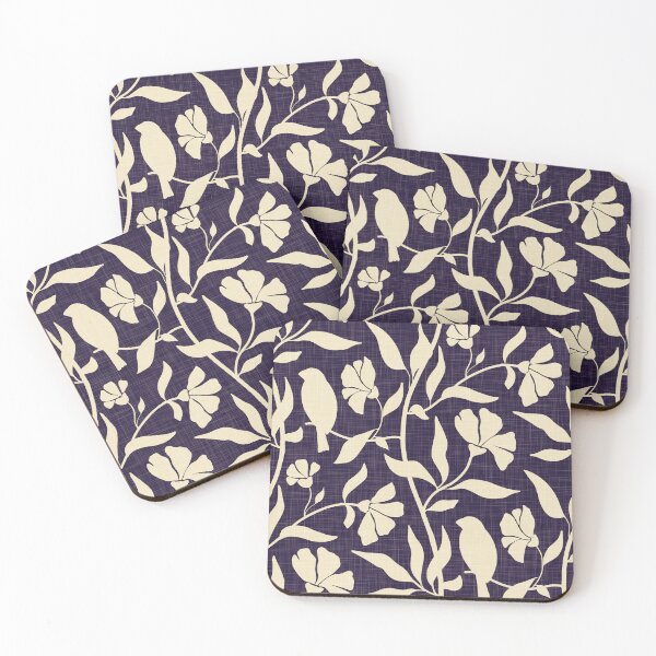 Item preview, Flowing vines flowers birds leaves - linen look - beige on deep navy designed and sold by ahahdodo.