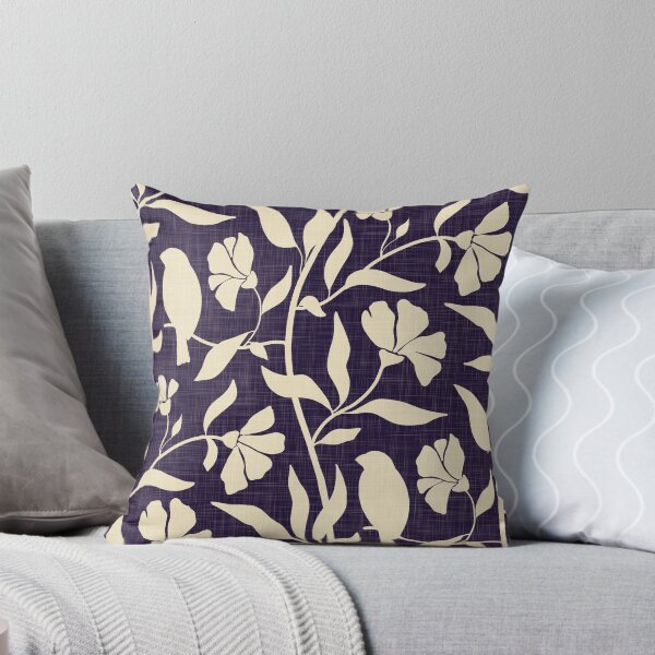 Item preview, Flowing vines flowers birds leaves - linen look - beige on deep navy designed and sold by ahahdodo.