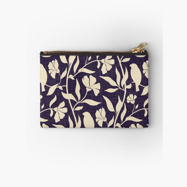 Item preview, Flowing vines flowers birds leaves - linen look - beige on deep navy designed and sold by ahahdodo.