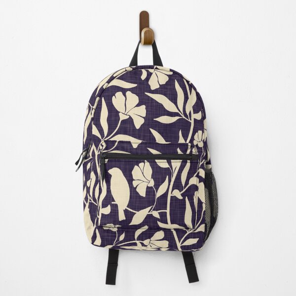 Item preview, Flowing vines flowers birds leaves - linen look - beige on deep navy designed and sold by ahahdodo.