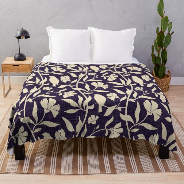 Item preview, Flowing vines flowers birds leaves - linen look - beige on deep navy designed and sold by ahahdodo.