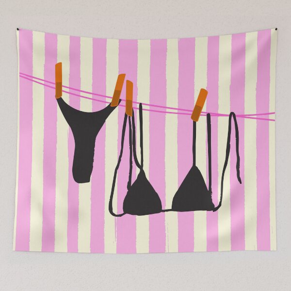 Item preview, Pink Stripes & Black Bikini Hanging Coastal Summer Mood designed and sold by MaiZephyr.