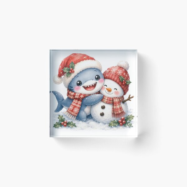 Item preview, Cute Christmas Shark Watercolor Illustration | Kawaii Holiday Shark with Snowman designed and sold by pencil-art98.