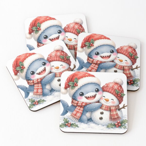 Item preview, Cute Christmas Shark Watercolor Illustration | Kawaii Holiday Shark with Snowman designed and sold by pencil-art98.
