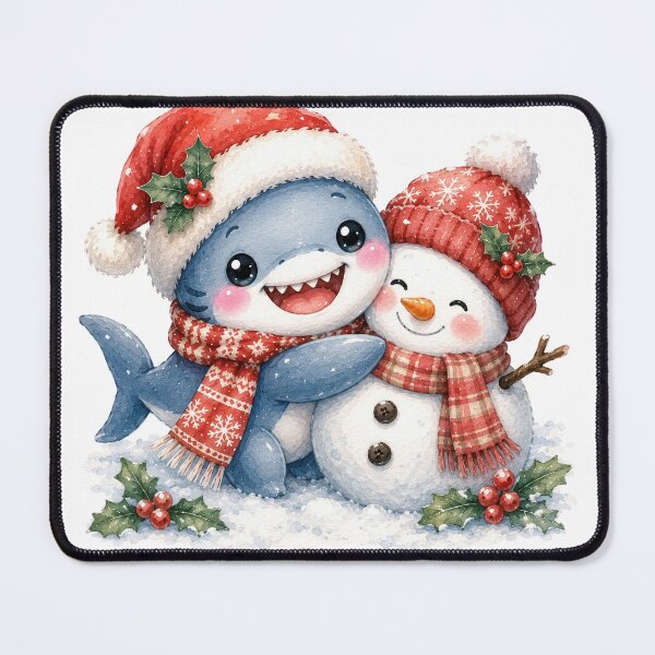 Item preview, Cute Christmas Shark Watercolor Illustration | Kawaii Holiday Shark with Snowman designed and sold by pencil-art98.
