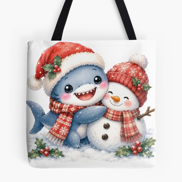 Item preview, Cute Christmas Shark Watercolor Illustration | Kawaii Holiday Shark with Snowman designed and sold by pencil-art98.