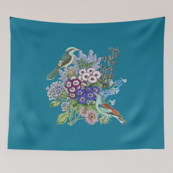 Item preview, Grandmillennial Blue Flowers Bouquet with Colorful Birds - Turquoise Background  designed and sold by CanisArt.