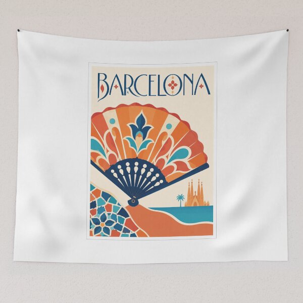 Item preview, Vintage Barcelona Spain Travel Fan Poster designed and sold by Beyond Destinations.