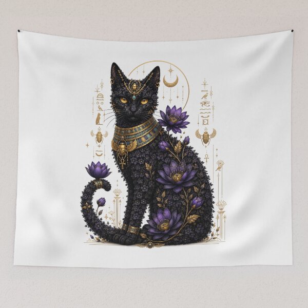 Item preview, Midnight Bastet – Egyptian Floral Spirit Cat designed and sold by MarekoraStudio.