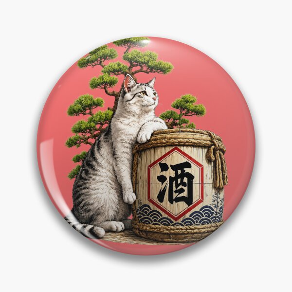 Item preview, Silver Tabby Cat & Sake Barrel Under Pine Bonsai – Japanese Ukiyo-e Art Print | Zen Cat Illustration | TSUKIYO-NEKO designed and sold by Aguri-tei.