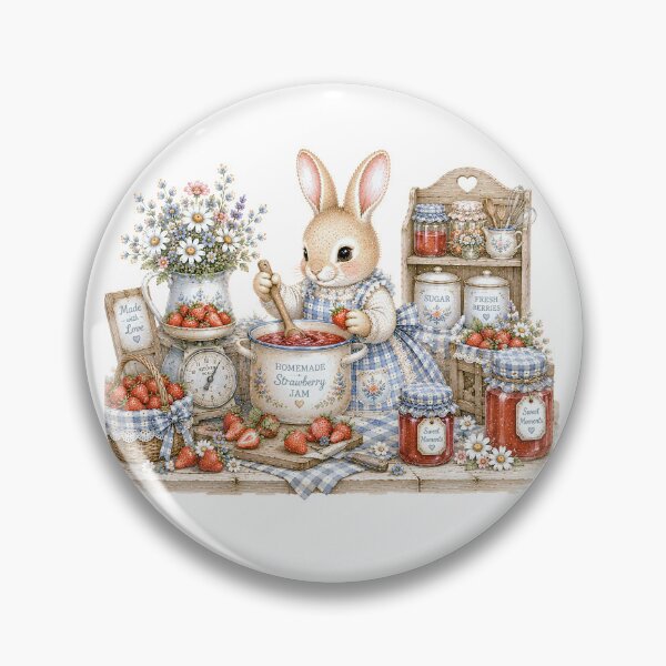 Item preview, Cottagecore Strawberry Jam Bunny | Whimsical Rabbit Making Homemade Preserves designed and sold by looplandger.