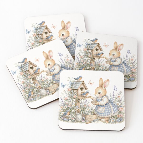 Item preview, Cottagecore Bunny Feeding Bluebirds | Whimsical Rabbit Garden Illustration designed and sold by looplandger.