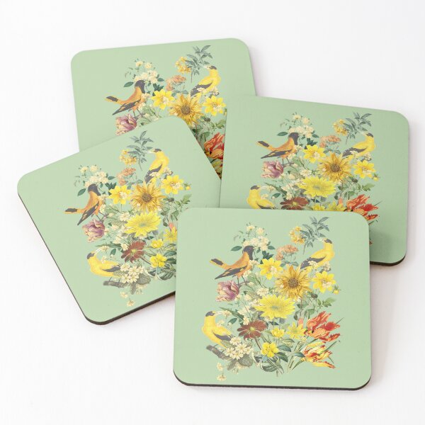 Item preview, Grandmillennial Flowr Bouquet with Sunflowers and Birds - Mint Green background  designed and sold by CanisArt.