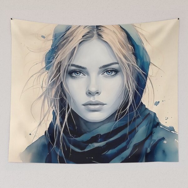 Item preview, Blue Scarf Ethereal Portrait - Artistic Watercolor Style designed and sold by ToxicInkArt.