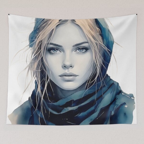 Item preview, Blue Scarf Ethereal Portrait - Artistic Watercolor Style designed and sold by ToxicInkArt.