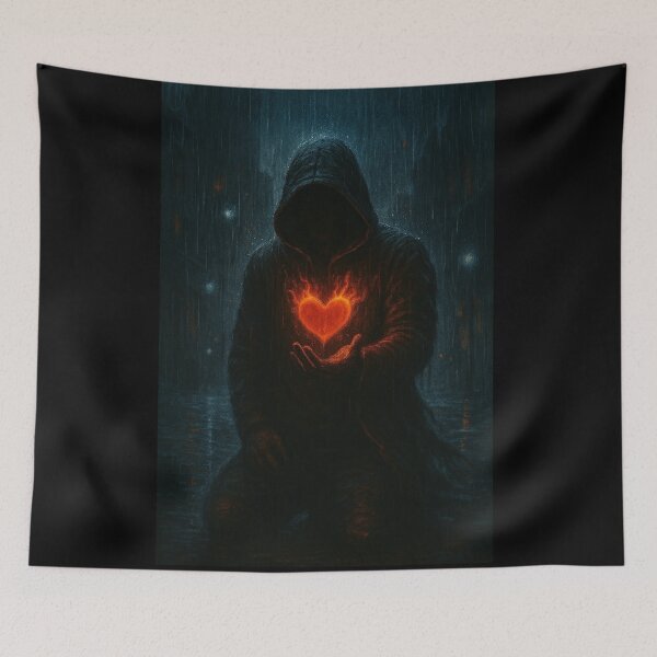 Item preview, Rainfire Heart – Hooded Shadow Kneeling with Flaming Heart designed and sold by Timeless Junction.