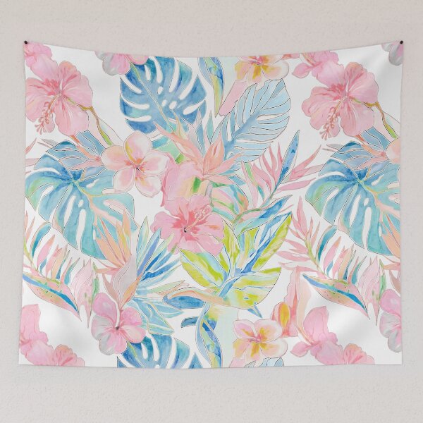 Item preview, Hawaiian Watercolor Floral n Foliage Pale Pink Blue designed and sold by PixDezines.