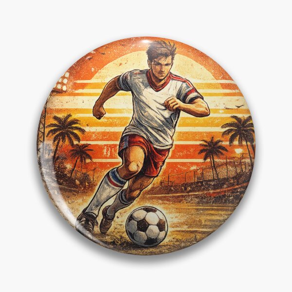 Artikelvorschau, Retro-Fußballspieler dribbelt im Stadion bei Sonnenuntergang – Vintage-Comic-Fußballkunst | Geschenk für Fußballfans entworfen und verkauft von irfanshikh.