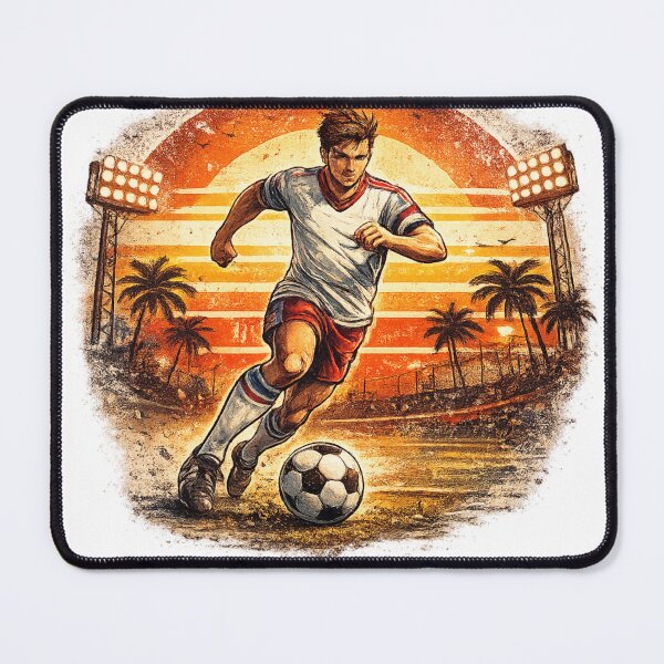 Artikelvorschau, Retro-Fußballspieler dribbelt im Stadion bei Sonnenuntergang – Vintage-Comic-Fußballkunst | Geschenk für Fußballfans entworfen und verkauft von irfanshikh.
