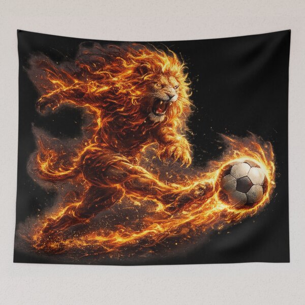 Artikelvorschau, Wilder Feuerlöwe kickt Fußball – Dramatische Fantasy-Kunst mit Flammenmotiv | Geschenk für Fußballfans entworfen und verkauft von irfanshikh.