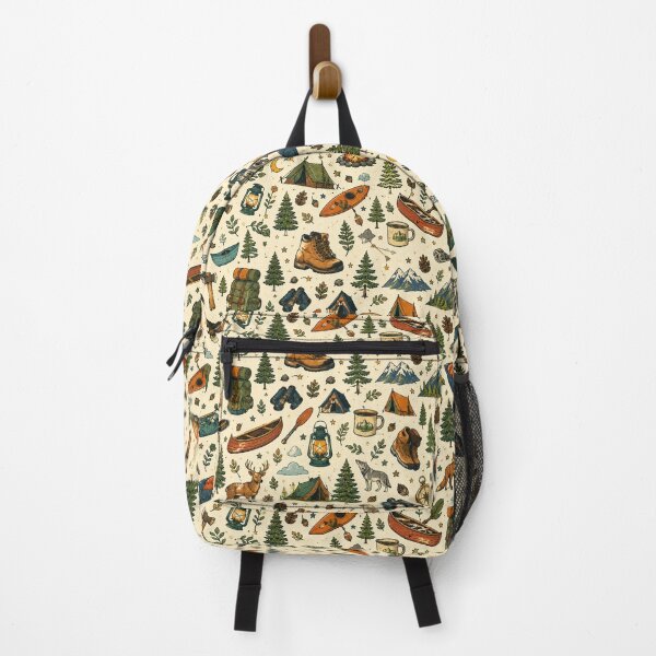 Item preview, Retro Outdoors Wilderness Pattern – Campfire Pine Trees Bears designed and sold by OpenDreamArts.