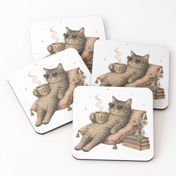 Item preview, Vintage Cat Overthinking Coffee and Books Aesthetic Cottagecore Meme designed and sold by BeataPrint.