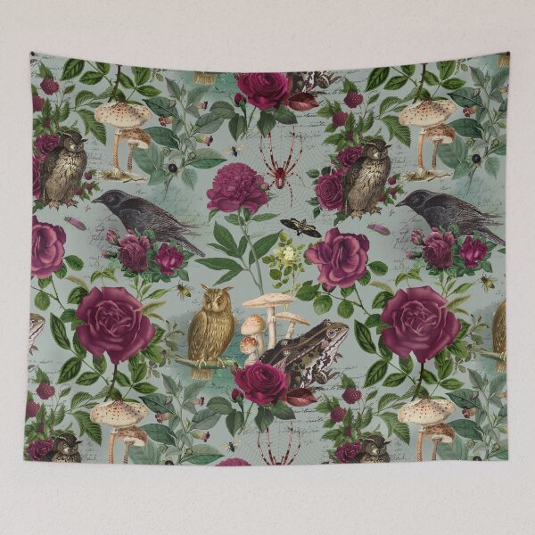 Item preview, Burgundy Flowers and Forest Nature Moody Goblincore Pattern - Teal  designed and sold by CanisArt.
